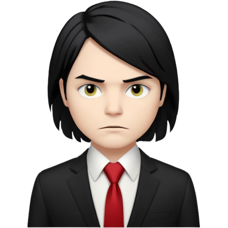 🎨 Classic Emoji — Gerard Way (Revenge Era)
Round, simplified emoji style
Pale skin tone
Jet-black, shoulder-length hair
Heavy eyeliner and slight red shadow under the eyes
Subtle serious / melancholic expression
Hint of red tie visible on black suit
Transparent background emoji
