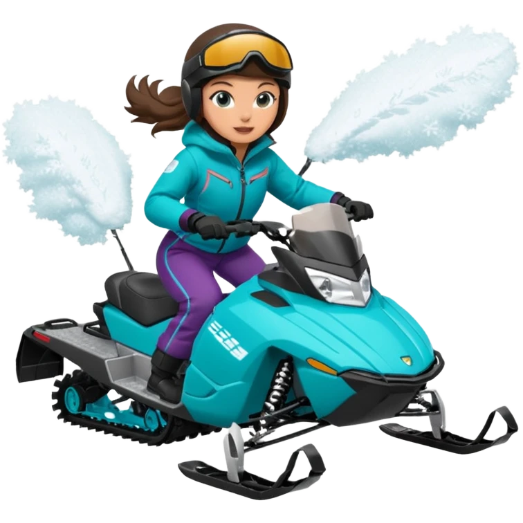 Can you create an emoji of a brunette girl on a teal polaris khaos 850 155 snowmobile doing a wheelie with snow flying emoji