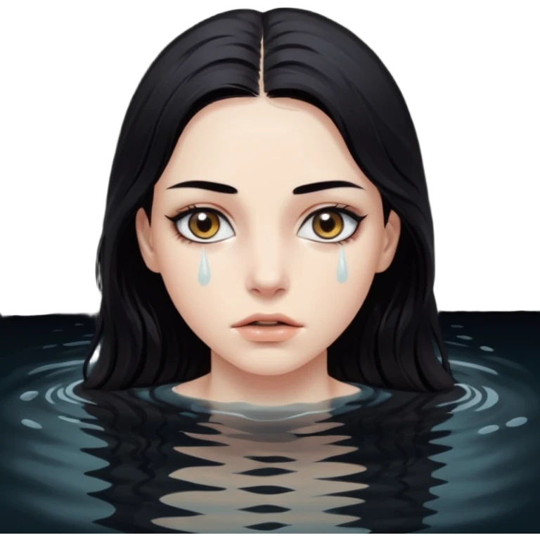 Woman submerged in black water, wet skin and eyes above surface, silent invitation emoji