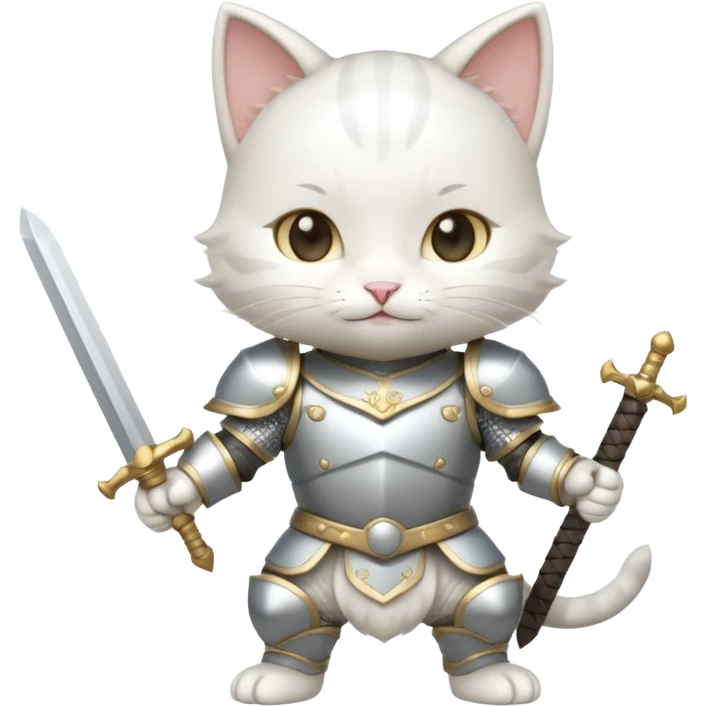 baby chibi white cat in silver armor, full body, smile, hold a sword emoji