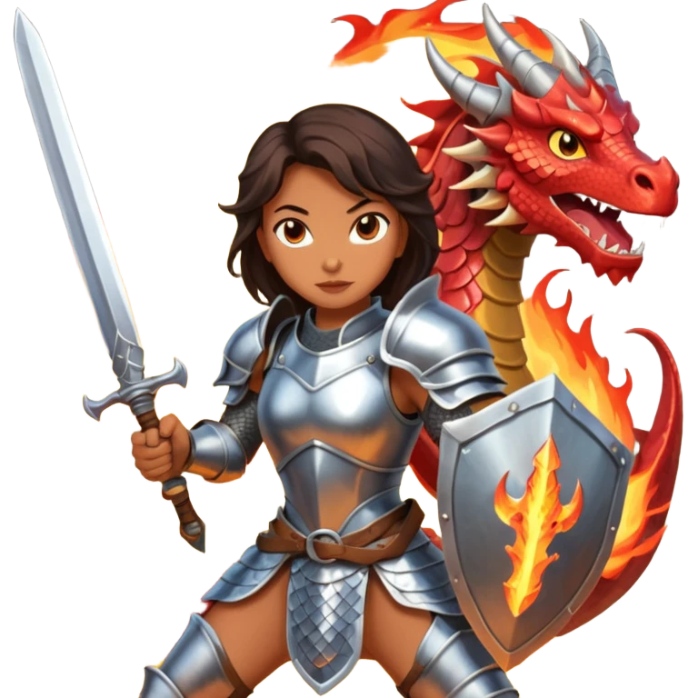 Fierce Latina in armor with a sword in a losing battle with a dragon emoji
