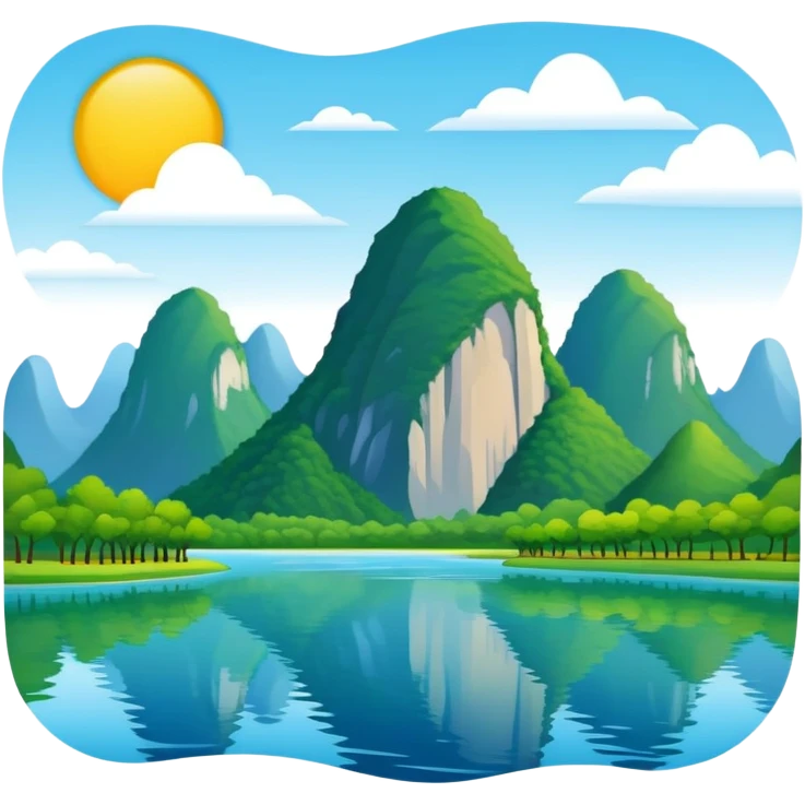 Li River karst mountains Guilin, simplified emoji style with bold outlines and bright colors, cartoon style mountains with river emoji