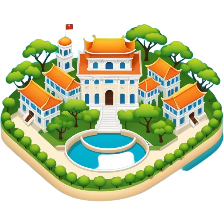 Xiamen Gulangyu Island with shady trees and colonial buildings, simplified emoji style with bold outlines and bright colors, cartoon style island with piano shape emoji