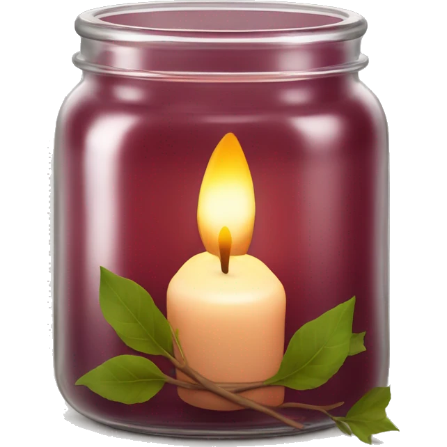  maroon candle in open glass jar with leaves  emoji