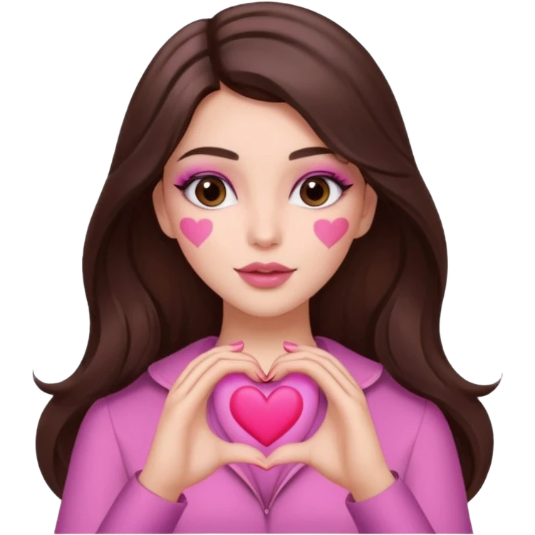 Pink and brown emoji, love emoji inspired with brunette hair, brown eyes, long hair, heart shape lips and pink make up making a heart with her hands and pink nails, mauve pink blush emoji