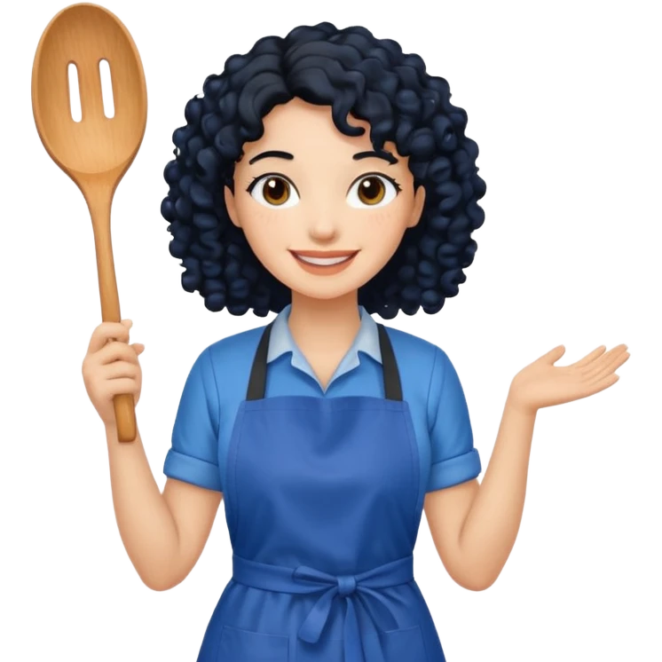 woman with curly black hair in blue apron emoji