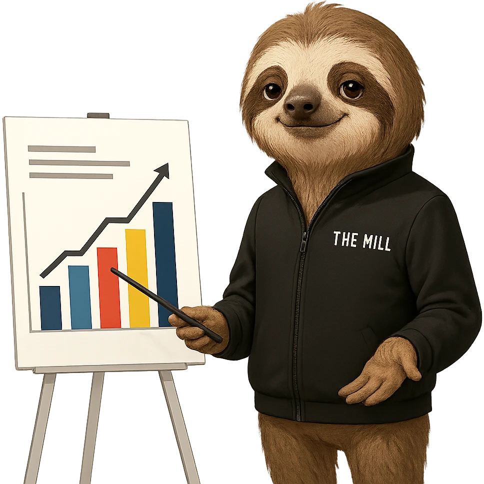 a sloth in a black 'The Mill' jacket, confidently presenting a business chart, looking smart and professional emoji