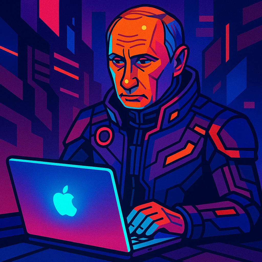 Futuristic cyberpunk-themed Vladimir Putin using a glowing MacBook emoji