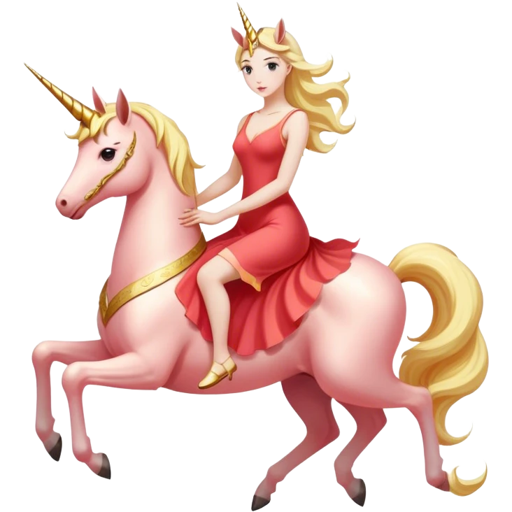 "woman, in long slim pastel red", rides "unicorn gold and white" emoji
