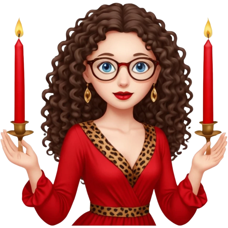 a blue eyed woman with very long brunette curly hair, full lips,and really pale skin. She is wearing a leopard printed thin round-ish glasses . She is wearing fully plain silky red dress. She is flying on the air. There are red candles in her hands. She is making a magic. emoji