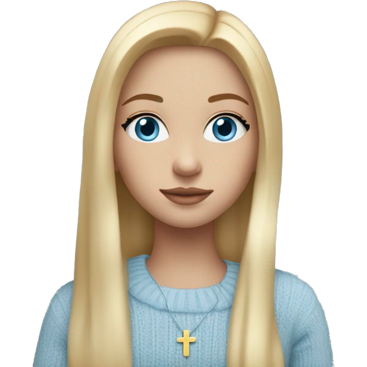 Girl with blonde long straight hair, blue eyes, sweater that is pastel blue, golden hoop earrings, blue eyes, and cross necklace emoji