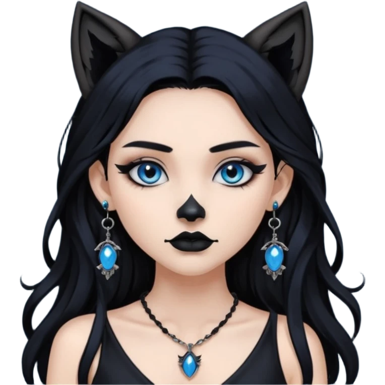 A girl with long black hair and blue eyes, black eyeshadow, black eye liner, mascara, and black lipstick, and black skull earrings. Also a black sexy dress and wolf ears  and a black pendent   emoji