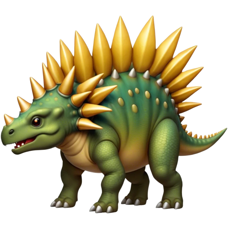 Cinematic Noble Stegosaurus Portrait Emoji, Poised and dignified, with a sturdy, low-slung body adorned by a distinctive row of bony plates along its back and a spiked tail, a small, determined head with observant eyes, Simplified yet sharply defined features, highly detailed, glowing with a soft, earthy radiance, high shine, intelligent and resolute, stylized with an air of ancient armored majesty, focused and alert, soft glowing outline, capturing the essence of a watchful and confident Stegosaurus that appears ready to lumber out of the screen with effortless authority! emoji