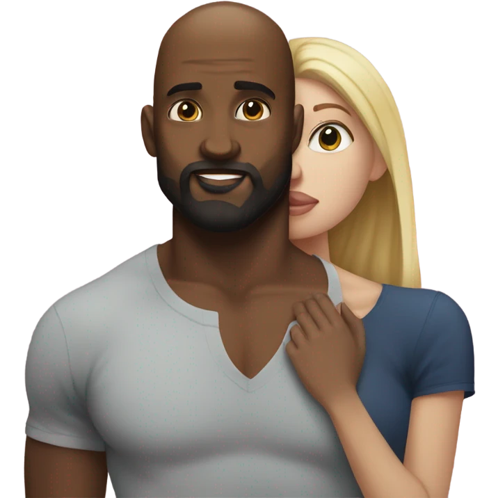 White girl brunette kissing muscular black bald man with beard emoji