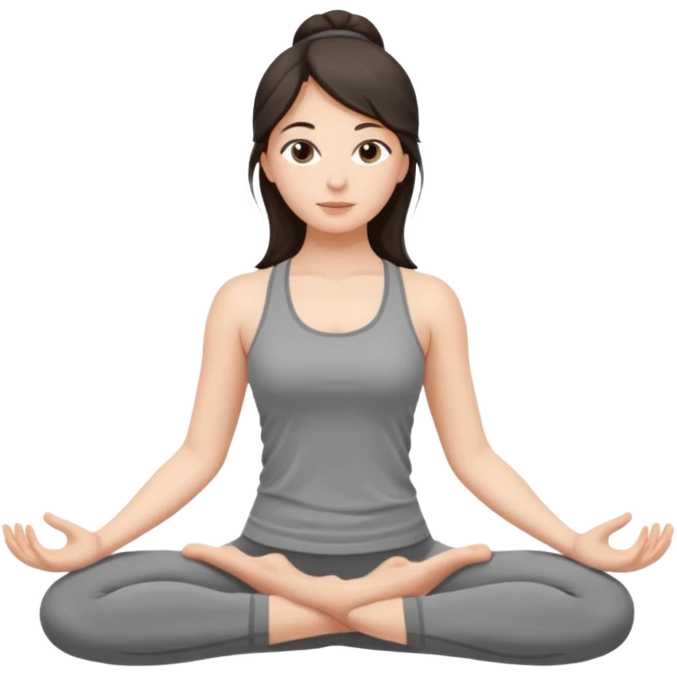 a brunette girl doing yoga, she is wearing a grey fit and she has dark loose hair.  emoji