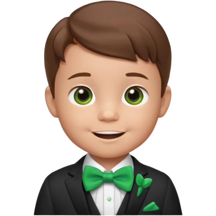 baby cute boy, brown hair in suit, with green bow, smile emoji