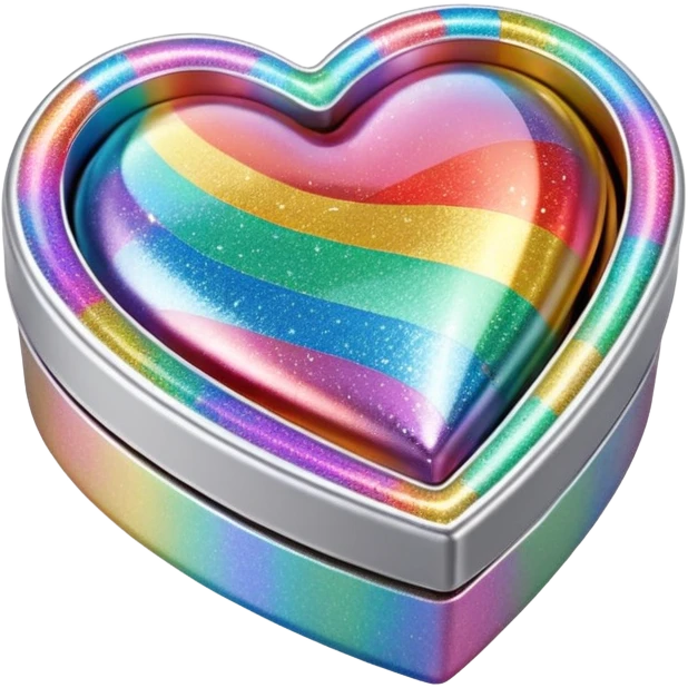 3D isolated, rendering, 8k resolution, 1x1, 8000x8000 pixels, transparent background, no emoji faces, Heart shaped box wrapped in silver metallic paper with 3D appearance holographic rainbow prismatic effect glitter cute cute emoji