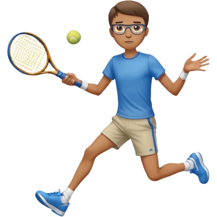 homme l'air cool taille moyenne corpulence maigre cheveux chatain court yeux bleus lunettes photo de pieds en pantalon qui fait du tennis emoji