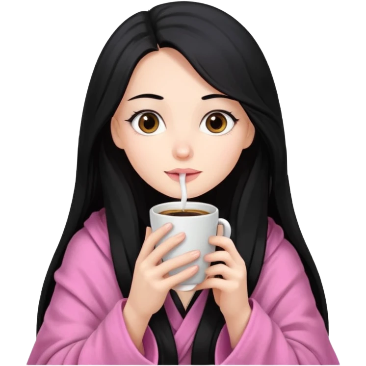 pretty girl with very long black hair, wrapped in a pink blanket, sipping coffee emoji