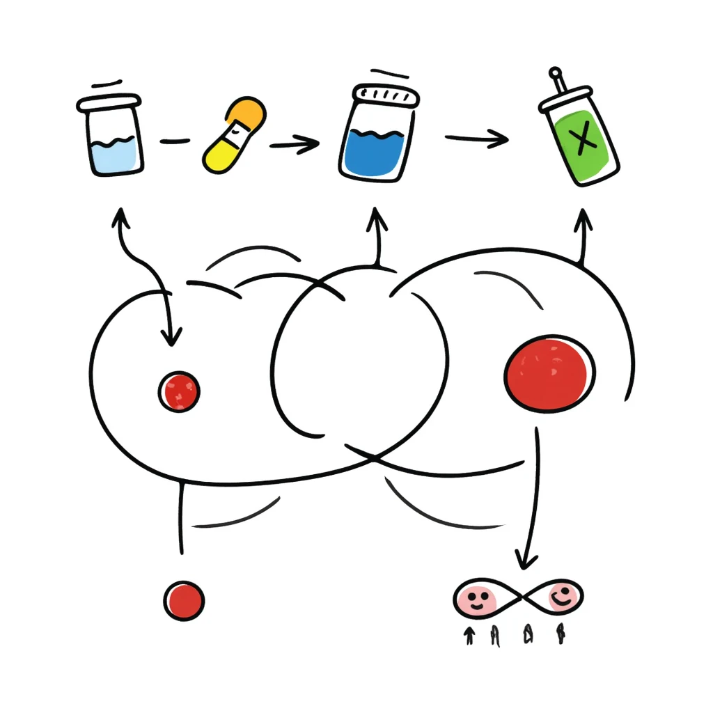 Anti-diabetic visualization with metabolic pathway: colorful flowchart showing blue insulin, green medication pills, yellow glucose molecules, and red blood cells. Hand-drawn educational diagram with arrows showing glucose regulation and insulin sensitivity improvement. emoji