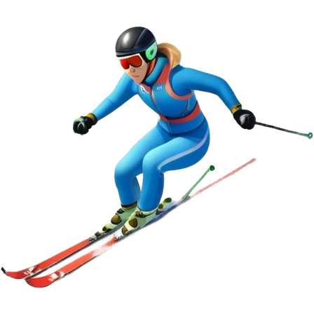 An icon featuring snowy peaks, pine trees, and a picturesque mountain landscape with a skier racing down a snow-covered slope, The sky is blue with soft clouds, capturing the thrill and beauty of alpine skiing. Transparent background highlights the excitement and serenity of winter sports. emoji