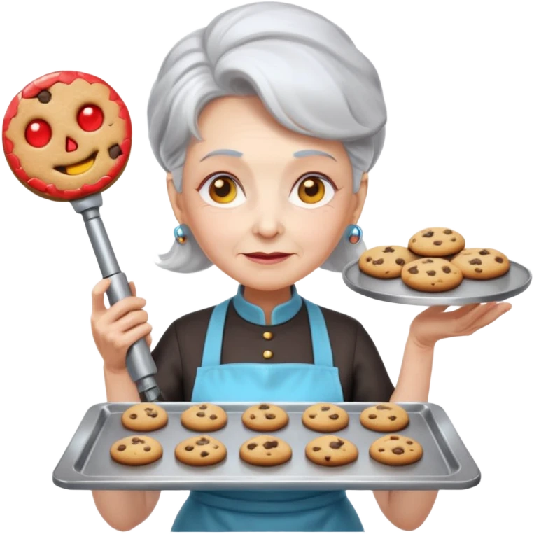 Portrait of a cyborg grandma with a mechanical arm holding a baking tray, glowing eyes and chrome apron, cookies perfectly aligned, sci-fi kitchen, emoji-style emoji