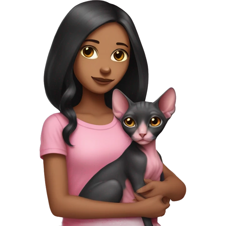 pink sphinx cat in the arms of a girl with long black hair emoji