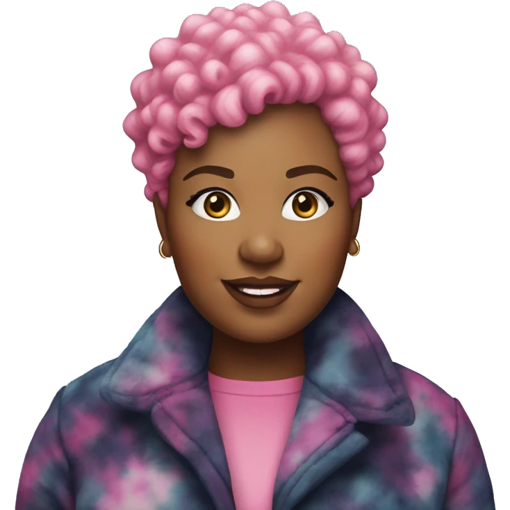 Plus size black woman with pink curly pixie cut hair and a tie dye winter coat  emoji