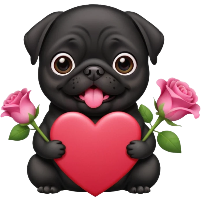 black pug holding valentine’s day card and flowers emoji