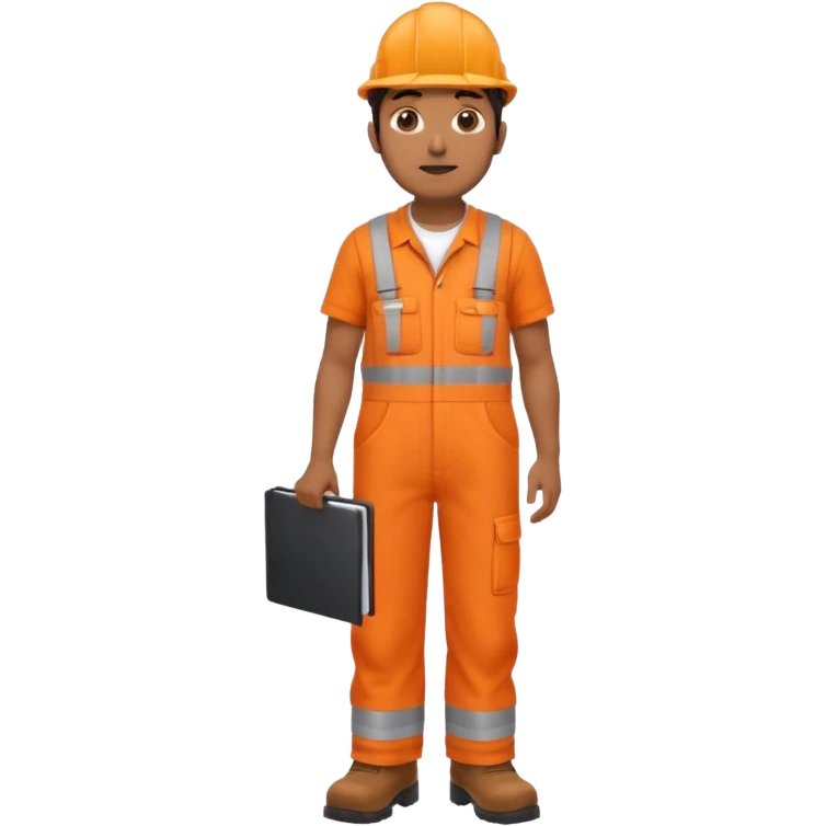 Indian male railway engineer orange overalls, boots holding a clipboard back view emoji