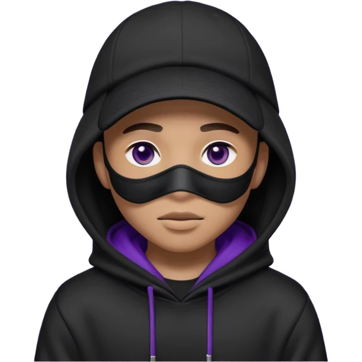 Cartoon blacked character related to a shadow, with all black clothes, focusing a hoodie with his cap on and a black facemask, no visible face because of the darkness, just his purple shadow eyes making a light bloom emoji