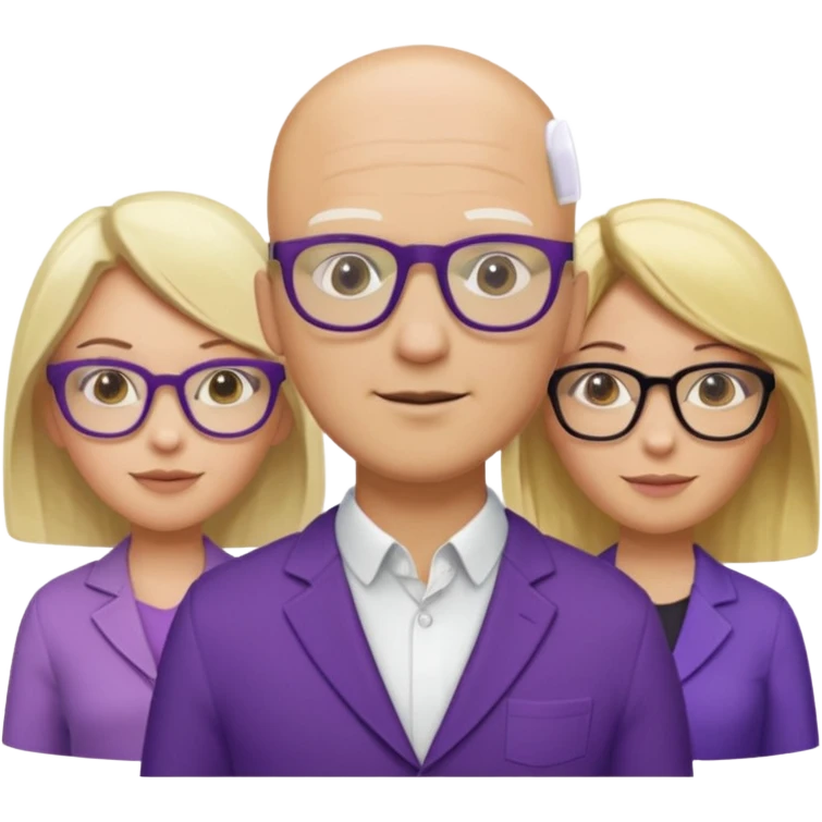 5 person team; 2 men and 3 women.  All dressed in yellow or purple.  Women have blonde and ash blonde hair.  1 man is black and bald, 1 man is caucasian and very little hair left.  All have glasses emoji