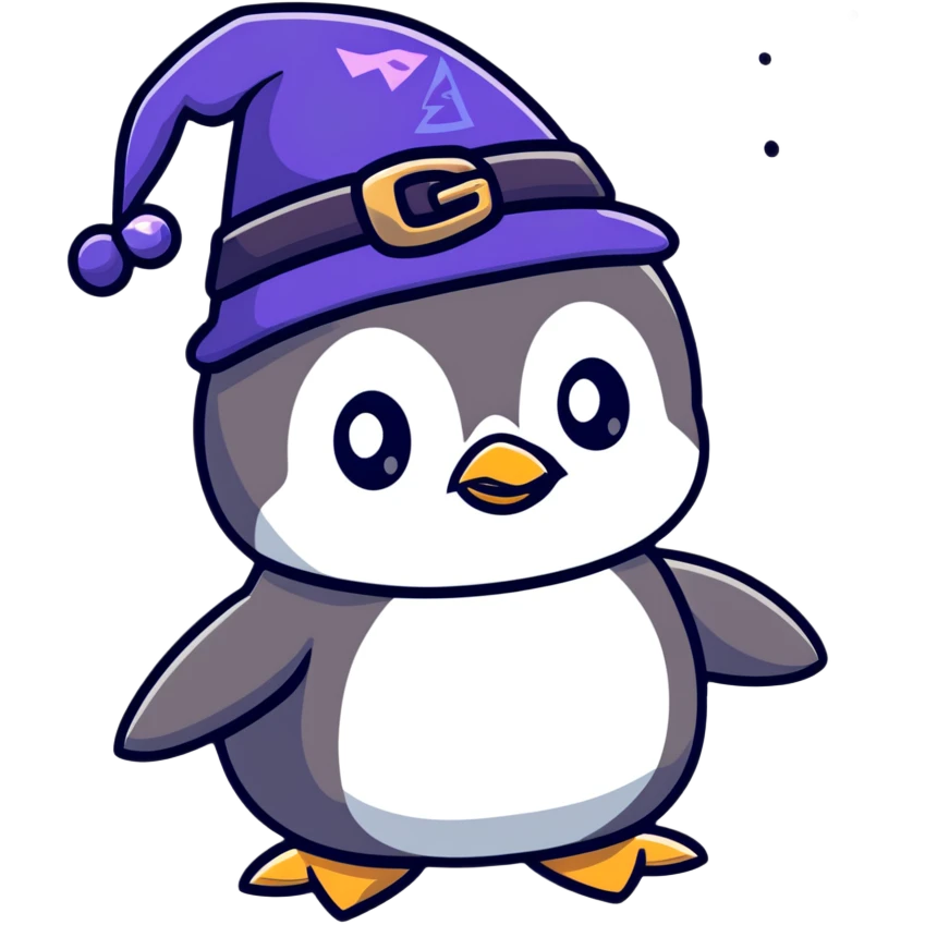 Cute penguin with wizard hat and magic sparkles emoji