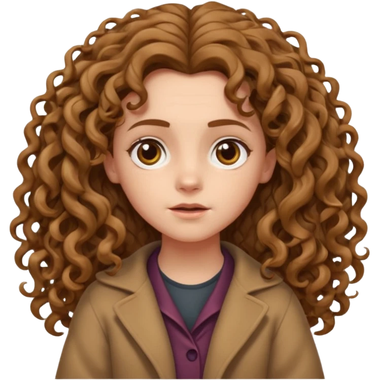 hermione shrugging, long light brown very curly voluminous hair, reaching below the shoulders, thick and full curls, messy natural texture, cartoon emoji style. emoji