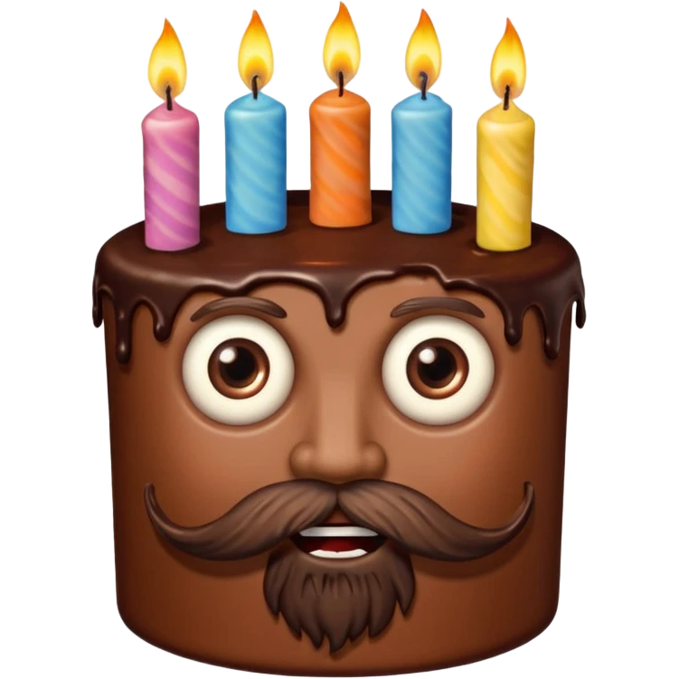 chocolate birthday cake with eyes and candles and beard emoji