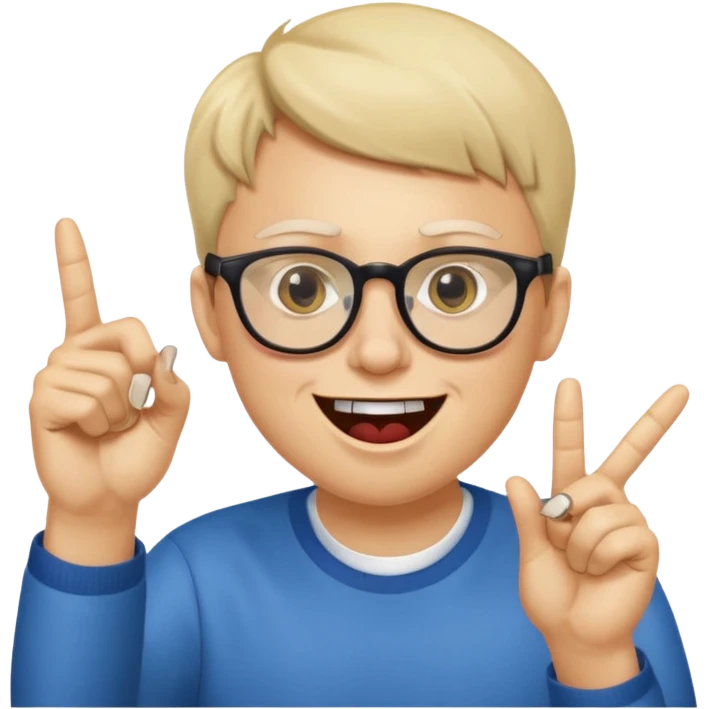 Somebody with Asperger’s who wears glasses as their eyes wide open, making a shit eating grin while having their pointer finger pointed up and at their mouth emoji