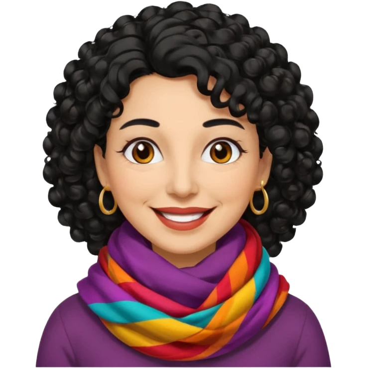 emoji of a woman in her 50s, curly black hair, wearing a colorful scarf, smiling emoji