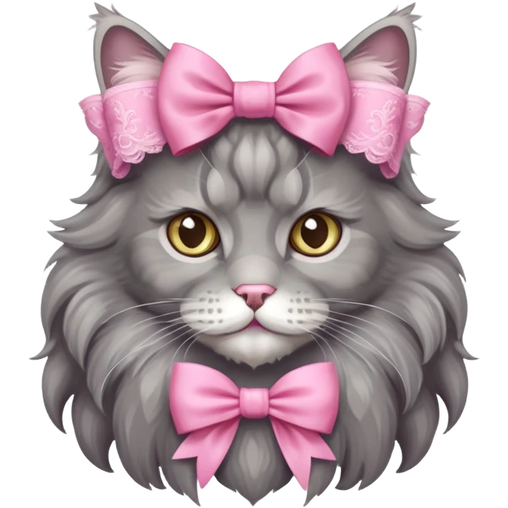 A grey Maine coon Wearing a pink Rococo style bow emoji