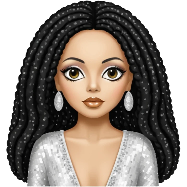 Diana Ross with long jet black hair, white sequin outfit emoji