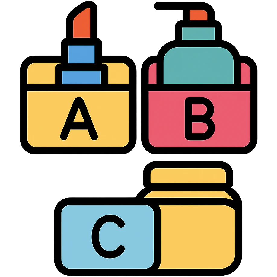 three boxes with "A", "B", "C" labels, inside those boxes there are some beauty products emoji