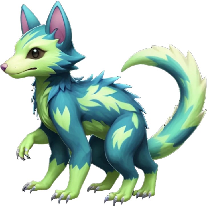 Realistic Sharp swampy mossy elemental ivy detailed Colorful translucent luminescent glowing Trico-Noibat-batty-Sergal-Furret-Ferret-Wolverine-Vernid-furry-fursona-fusion-Fakemon-animal-hybrid-creature, full body emoji