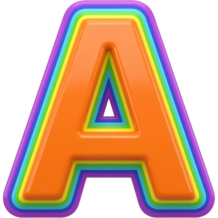 name "a" in neon orange, 3D style typography lettering, each color of the rainbow as a border outlined around each letter, isolated, 3d rendering, no emoji icons no emoji faces and must have no human figures emoji