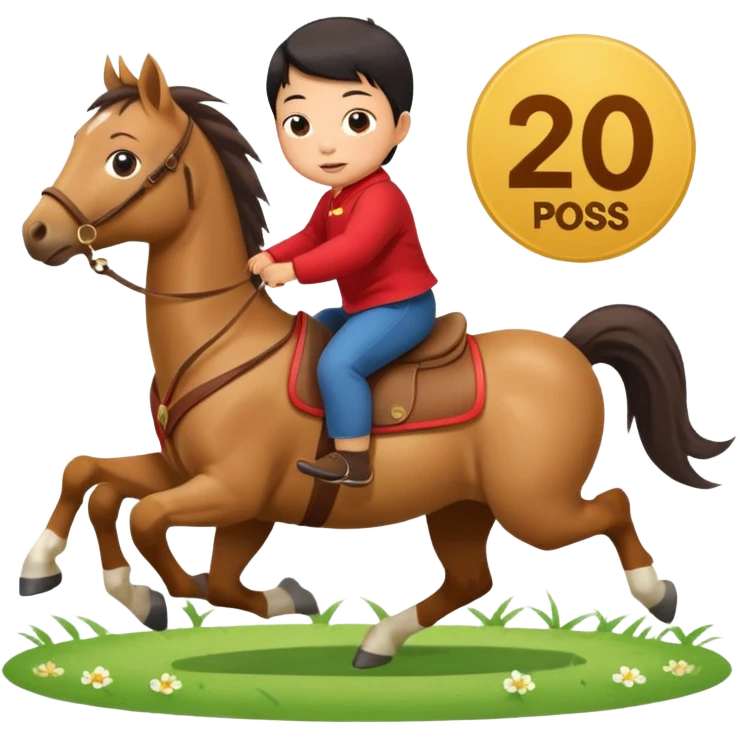 l little chinese baby riding on a  cute horse running really fast on the grass with 2026 year's label emoji