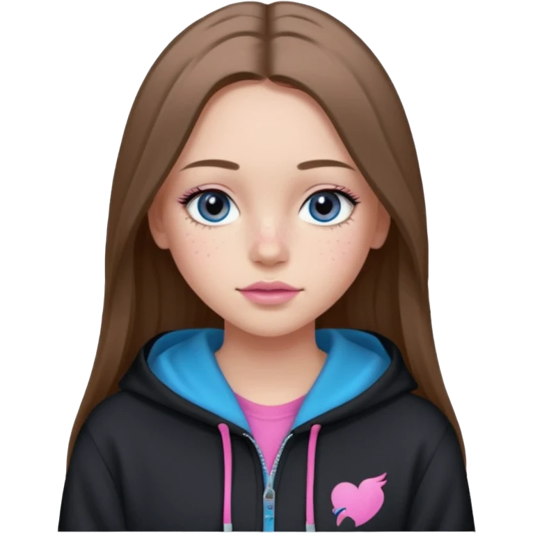 Create a TEENAGE girl with LONG and straight light brunette hair with a middle part, light skin, light freckles, and blue-gray eyes. She will have pink lips and LONG eyelashes. She will be wearing a black hoodie emoji
