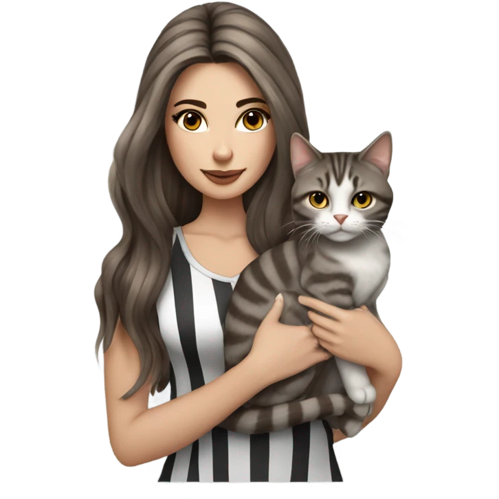 Beautiful brown haired tattooed woman holding gray and white striped long hair cat emoji