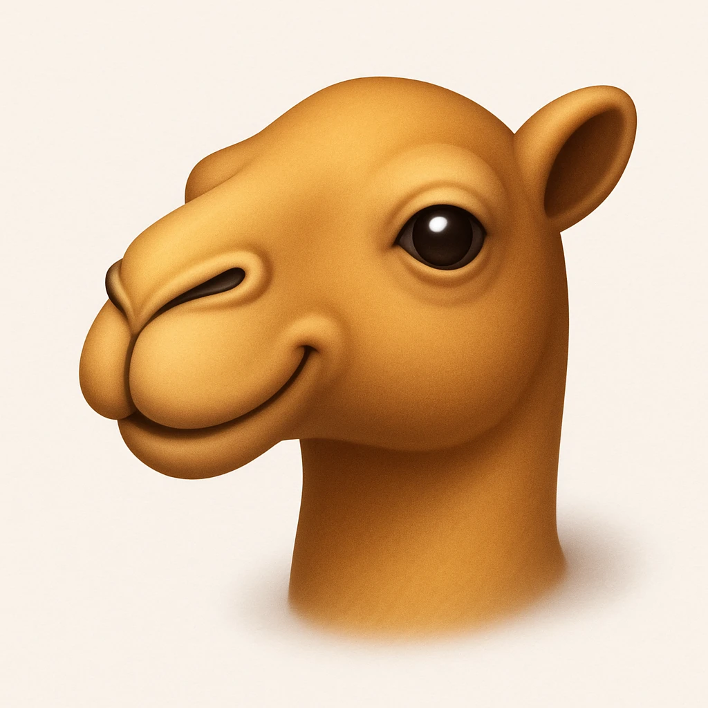 Edit the camel emoji to remove the hat, the green part of its neck, and the thing in or by its mouth. Keep all other details and style exactly like the iOS emoji style reference image. Add a soft shadow. emoji