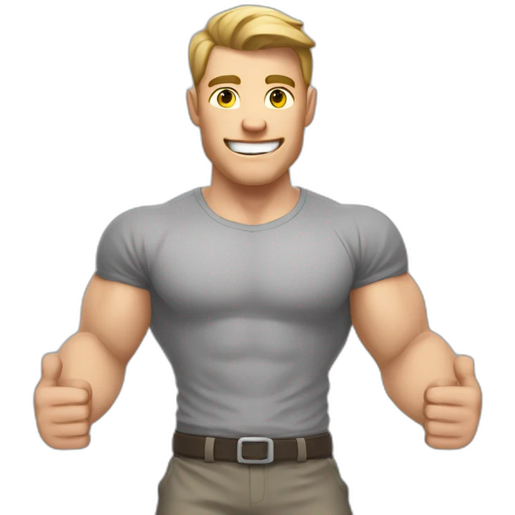 To belt Actively gesturing with hands Pale skinned Fit Man With the biceps and light brown hair in gray shirt, gray oversize sports shorts and white Sneakers emoji