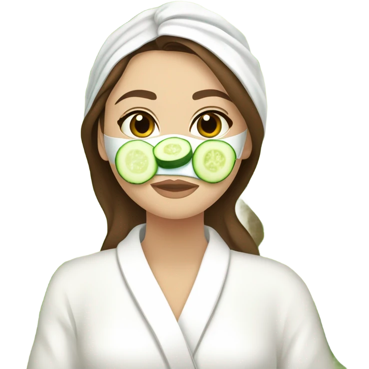 White girl with Brown hair and blue eyes wears a Green clay colored skincare textured mask and puts on cucumbers around her eyes while She relaxes in her white Robe emoji