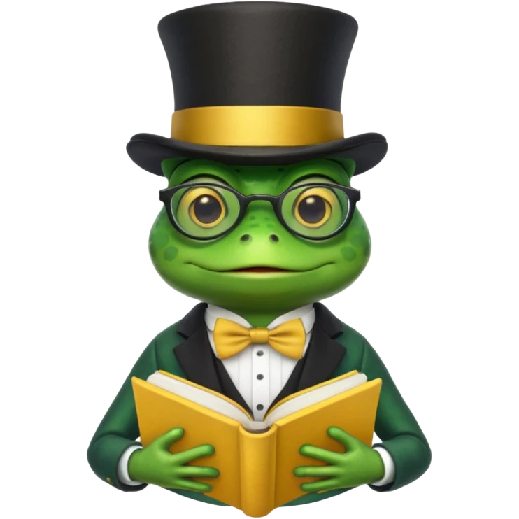 frog wearing top hat with glasses and yellow book emoji