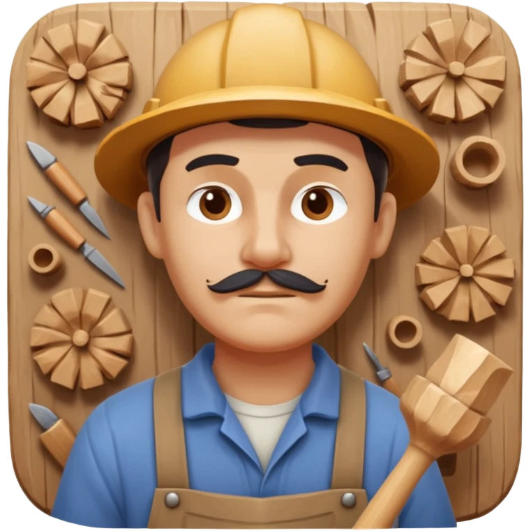wood carving carpenter portrait, head and shoulders only, carving wooden figure with chisel, wood shavings visible, focused craftsman expression, artisan workshop vibe, 3D cartoon style, mobile game icon style, clean background, no text, no watermark
 emoji
